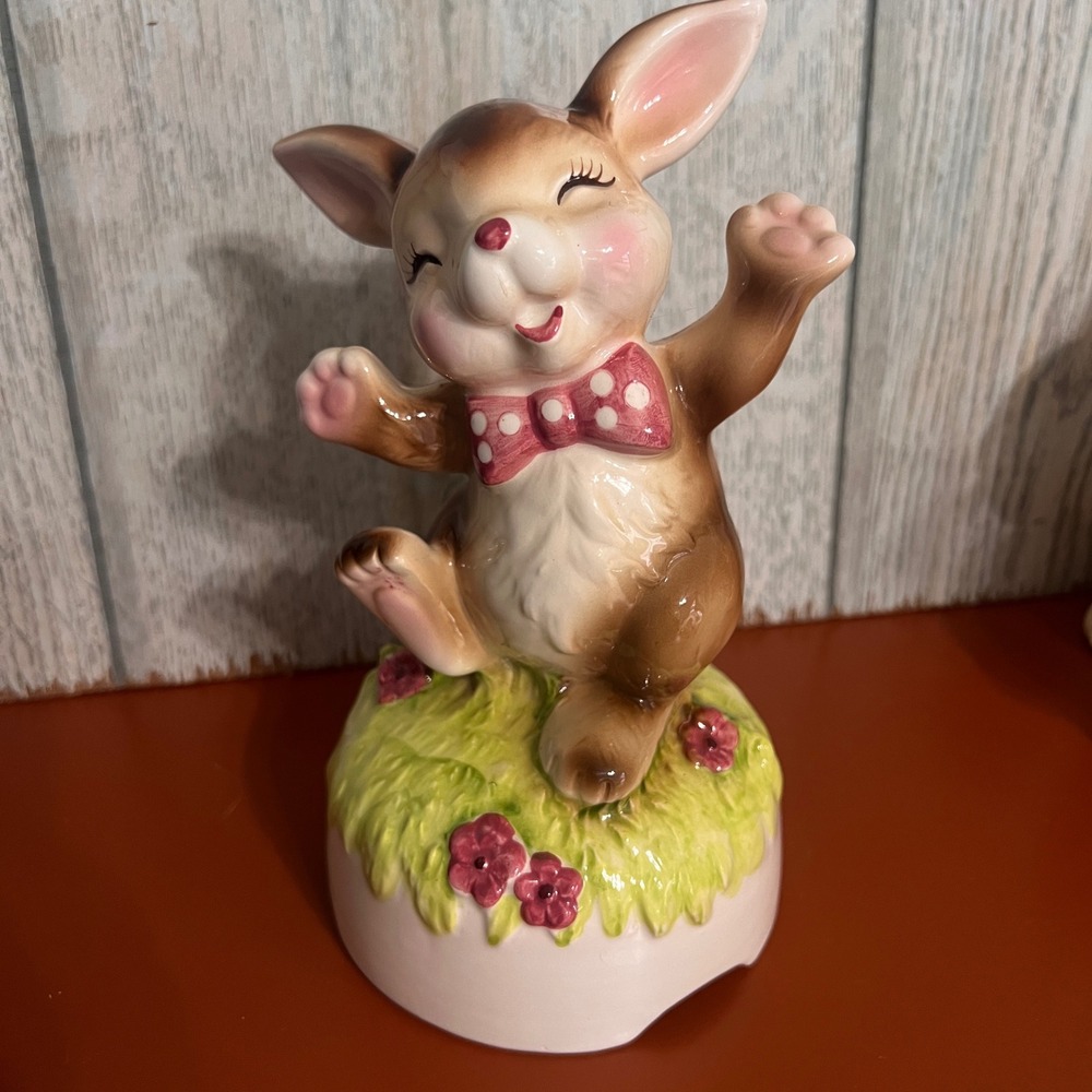 Vintage Ceramic Dancing Bunny Music Box Brown Rabbit Pink Polka Dot Bow Tie